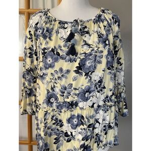Y2K J Jill Relaxed Floral Blouse XS Blue Yellow Ruffles Tassels Peasant Boho